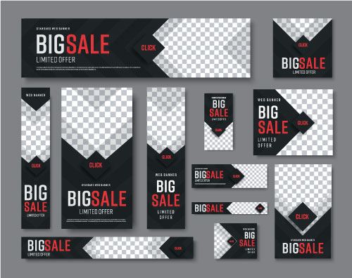 Set of black web banners of standard sizes for sale with a place for photos stock illustration