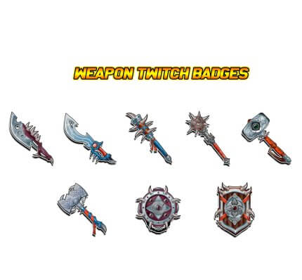 8 x weapon Twitch Sub Badges + Photoshop & AI Files included