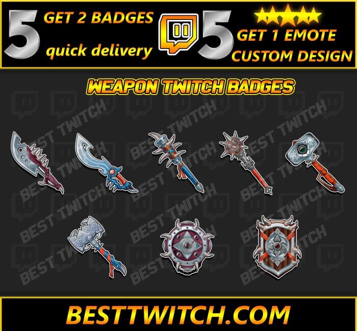 8 x weapon Twitch Sub Badges + Photoshop & AI Files included
