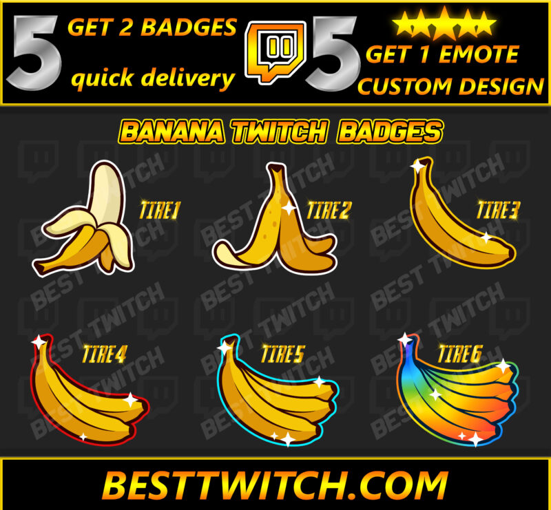 6x Banana Sub Badges & Emotes for Twitch – Fun & Tasty Channel Rewards