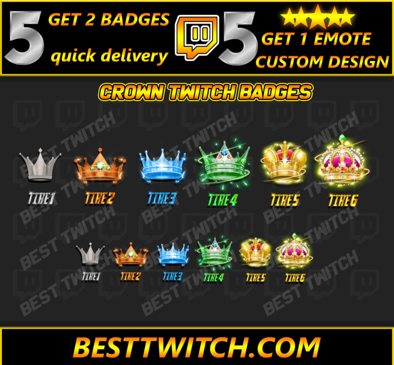 Crown Sub Badge Flair for Twitch Royal Tiered Badges for Your Community