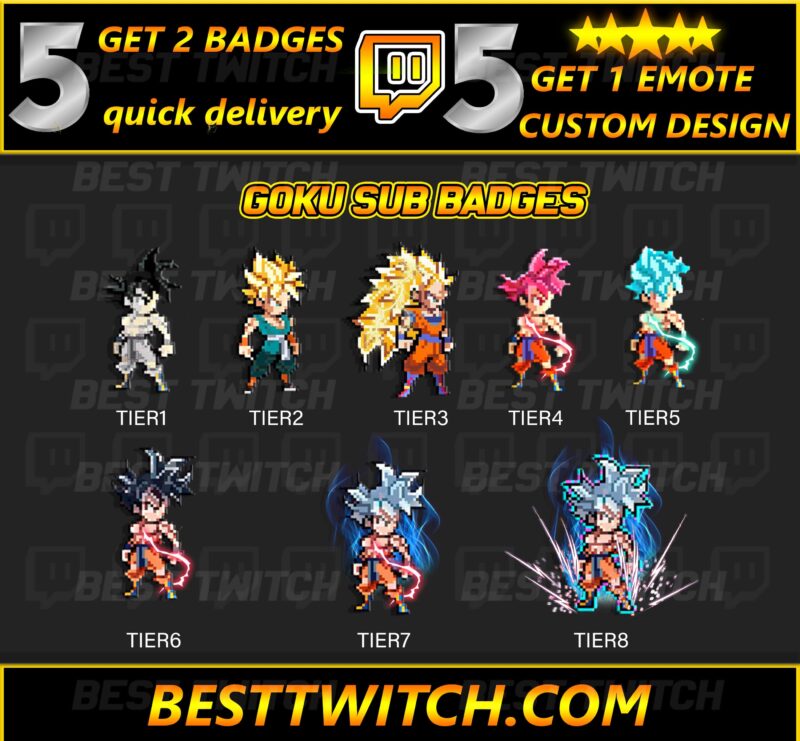 Goku Saiyan Twitch Sub Badges – 8 Tier Anime DBZ Bit Badges for Twitch, YouTube, Kick, and Discord