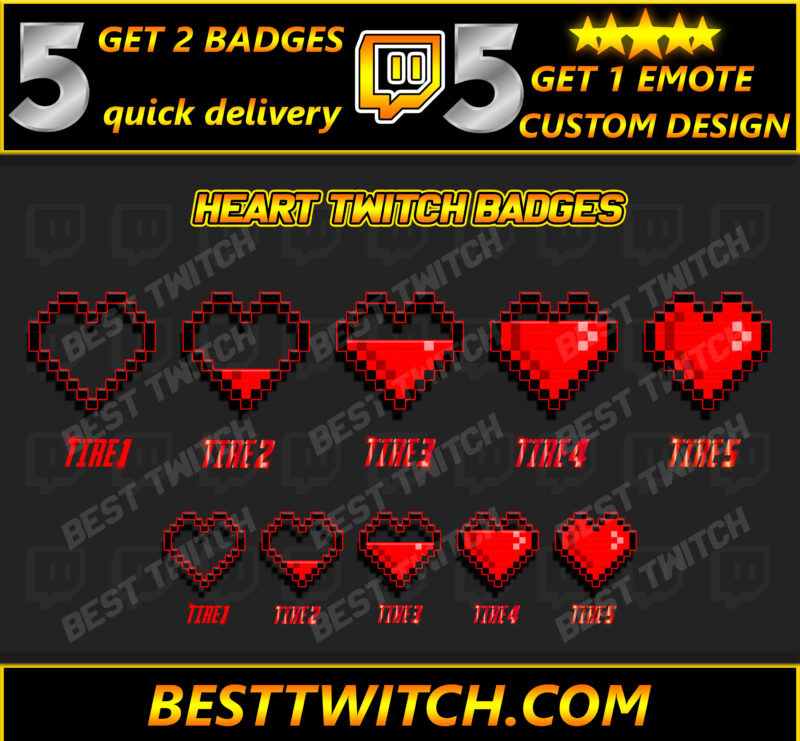Heart-Themed Twitch Sub Badges Tiered Love & Support Icons for Your Community
