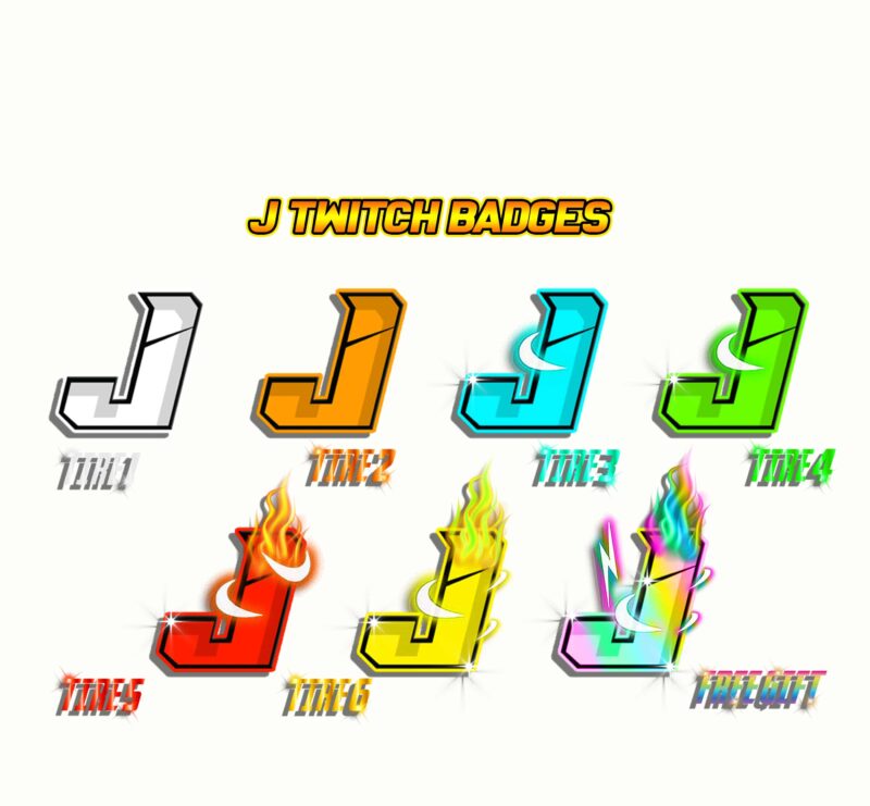 Twitch Sub Badges Letter J | Tier 1-6 + Free Gift | Animated Fire & Neon Style | Streamer Loyalty Badges
