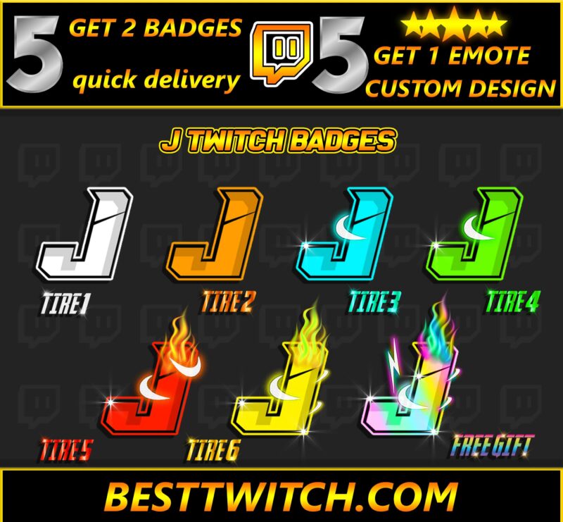 Twitch Sub Badges Letter J | Tier 1-6 + Free Gift | Animated Fire & Neon Style | Streamer Loyalty Badges