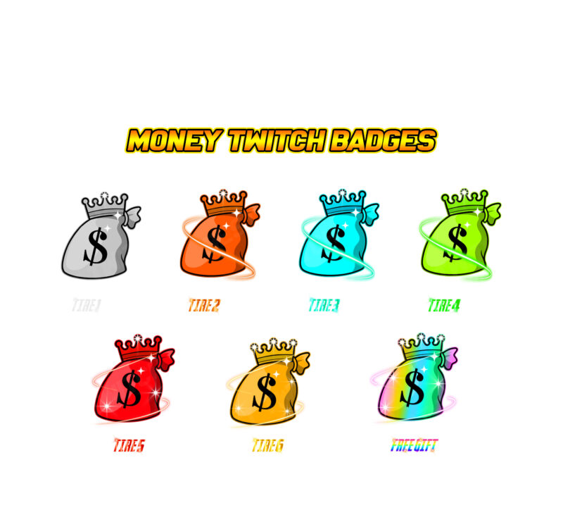 7x Money Bag Twitch Sub Badges Gold, Sparkle & Kawaii Loyalty Emotes