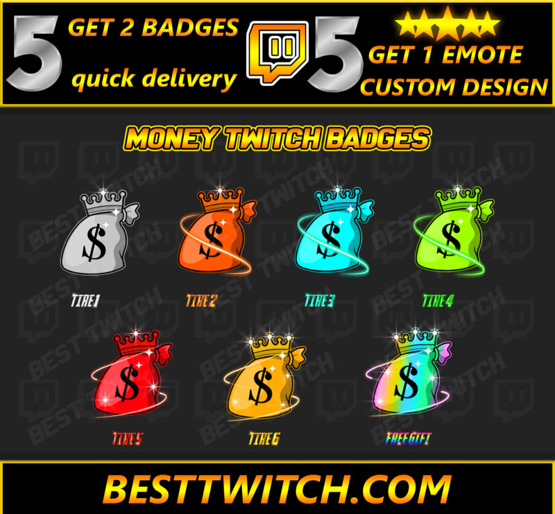 7x Money Bag Twitch Sub Badges Gold, Sparkle & Kawaii Loyalty Emotes