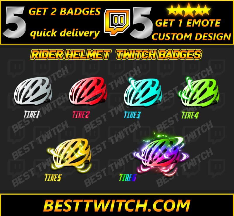 Rider Helmet Twitch Badges 6 Tier Cycling Sub Badge Pack for Twitch, YouTube, Discord & Kick