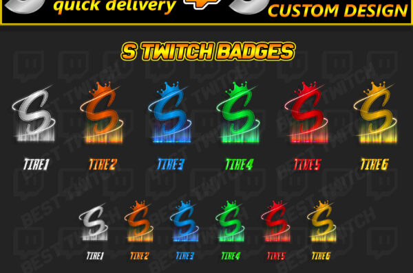 Letter S Streamer Pack Twitch Sub Badges, Bit Cheer motes & Discord Emotes