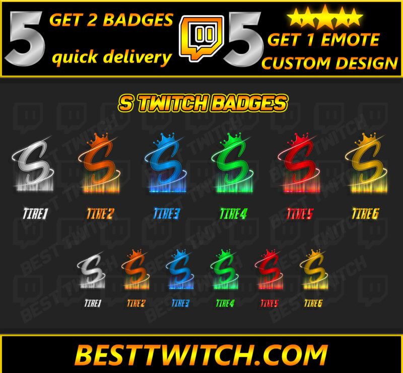 Letter S Streamer Pack Twitch Sub Badges, Bit Cheer motes & Discord Emotes