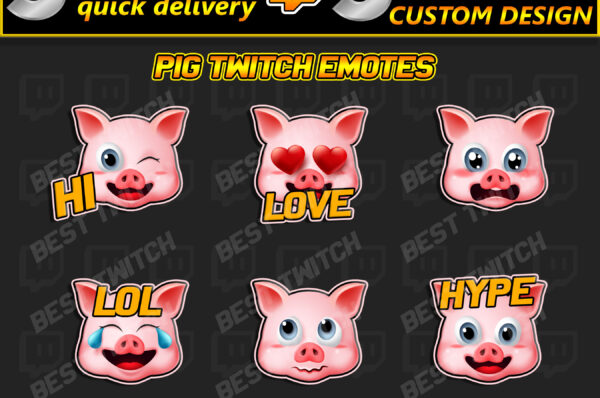 Premium Pig Twitch Emotes 6-Pack Hilarious & Cute Hog-Themed Chat Reactions