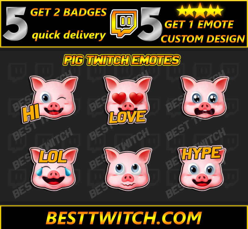 Premium Pig Twitch Emotes 6-Pack Hilarious & Cute Hog-Themed Chat Reactions