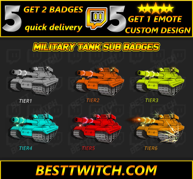 Military Tank Twitch Sub Badges Tiered Army Emotes for Milsim & FPS Streamers
