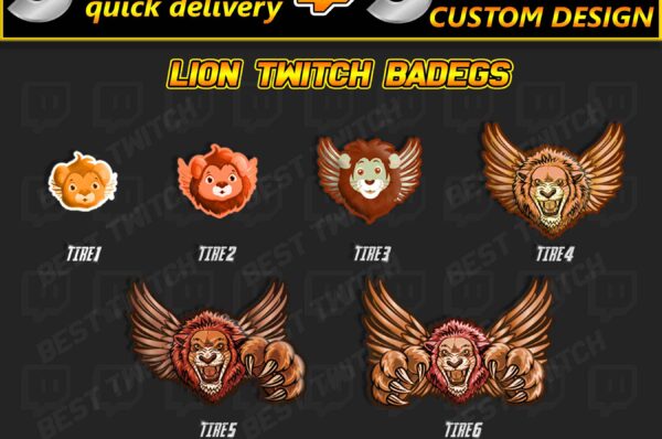 Lion Twitch Sub Badges Pack | Medal-Style Animal Rank Badges