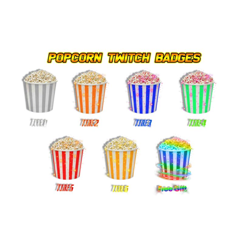 Popcorn Twitch & Kick Sub Badges Fun & Tasty Tiered Loyalty Icons