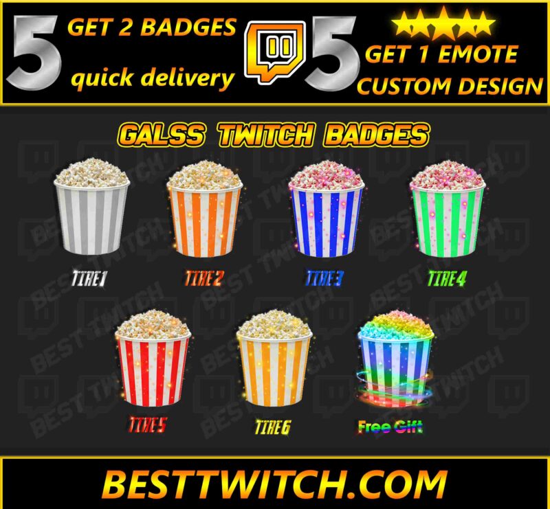 Popcorn Twitch & Kick Sub Badges Fun & Tasty Tiered Loyalty Icons