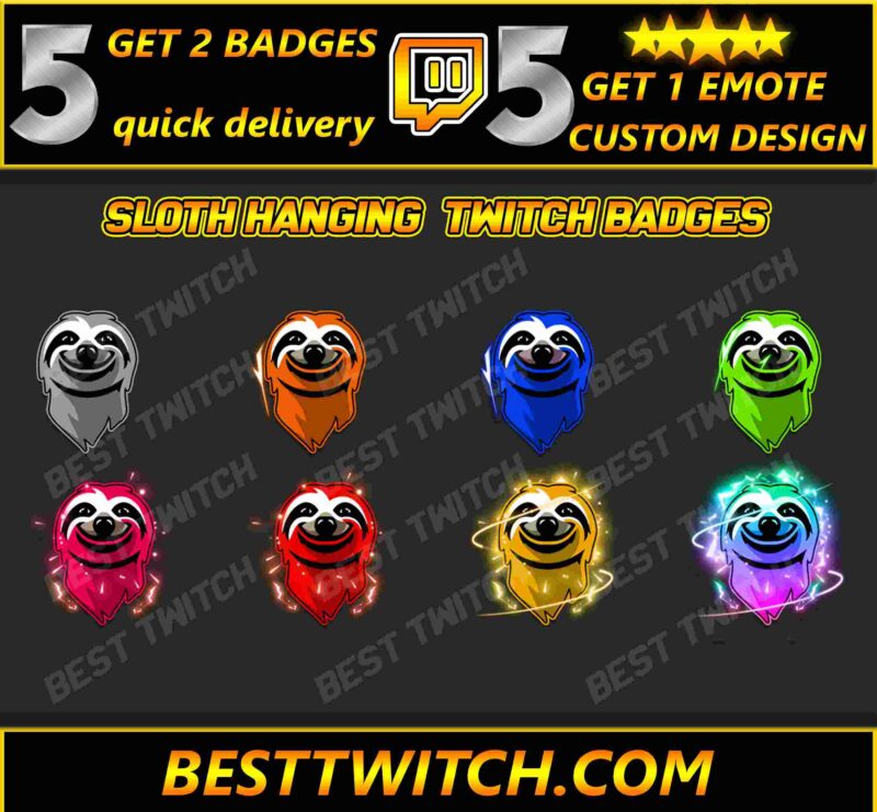 Sloth Hanging Twitch Badges Cute & Chill Subscriber Icons