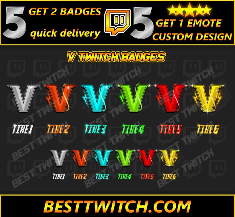 Premium Letter V Metallic Badge Set 6 High-Shine Twitch Sub