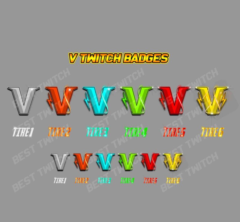 Premium Letter V Metallic Badge Set 6 High-Shine Twitch Sub