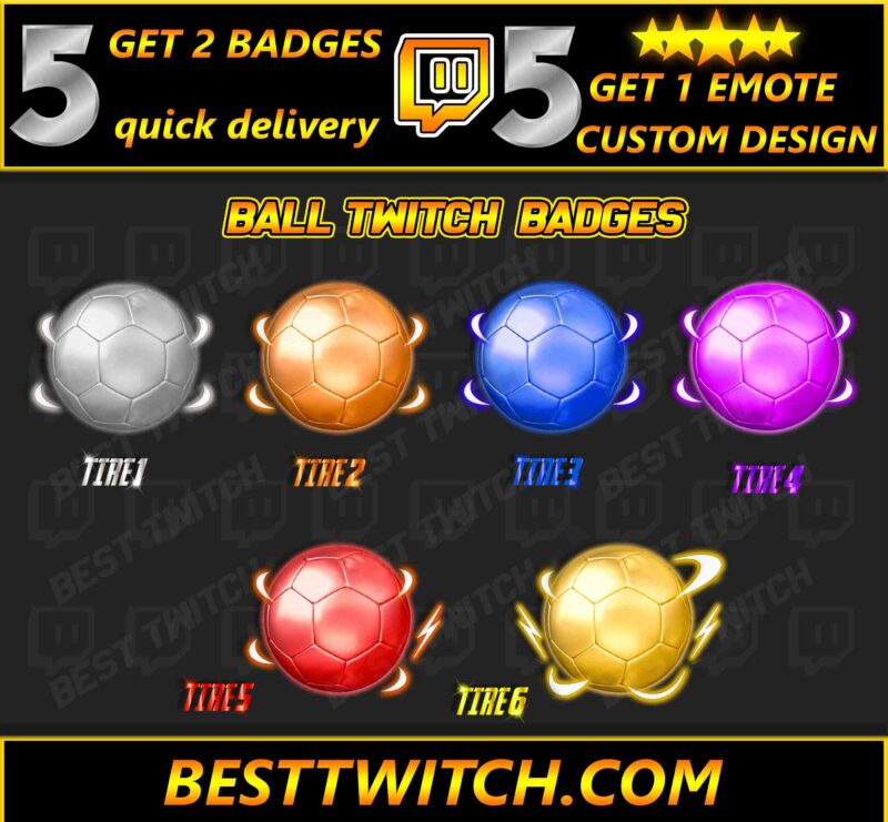 6x Ball Twitch Sub Badges Sporty Tiered Emotes for Football sizes