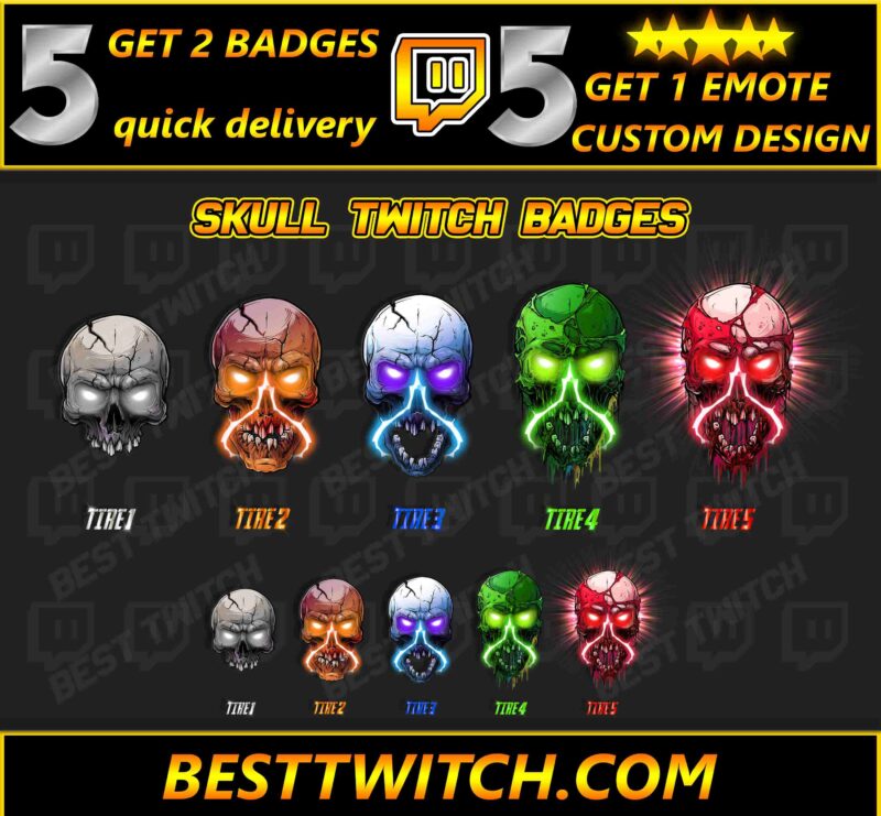Horror Skull Twitch Sub Badges Tiered Emotes for Dark Streamers
