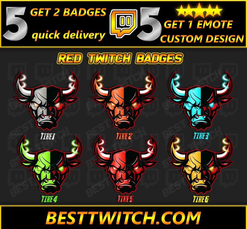 Red Twitch Sub Badges Pack (6 Tiers) – Custom Bull Design, Instant Delivery