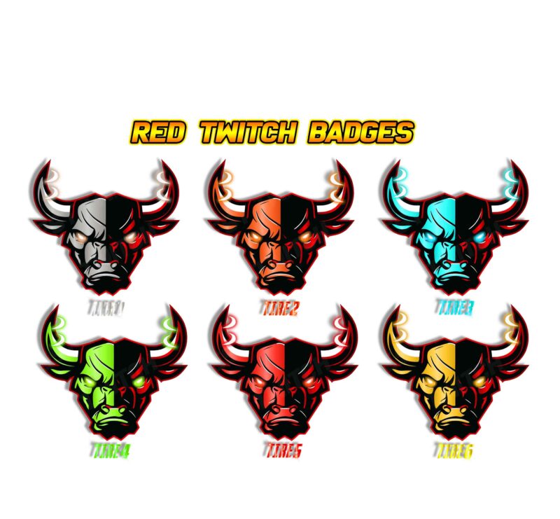 Red Twitch Sub Badges Pack (6 Tiers) – Custom Bull Design, Instant Delivery